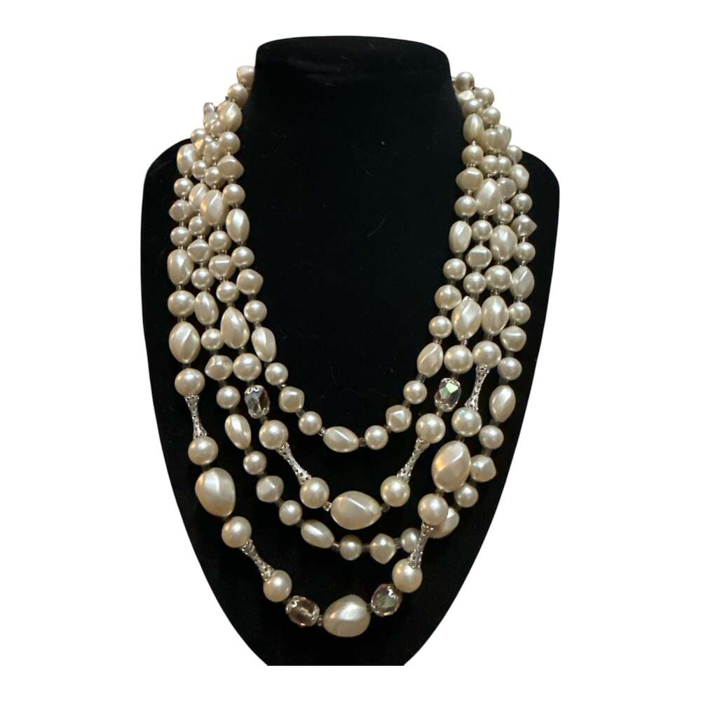 Vintage Multi-Strand Faux Pearl and Clear Crystal Bead Necklace